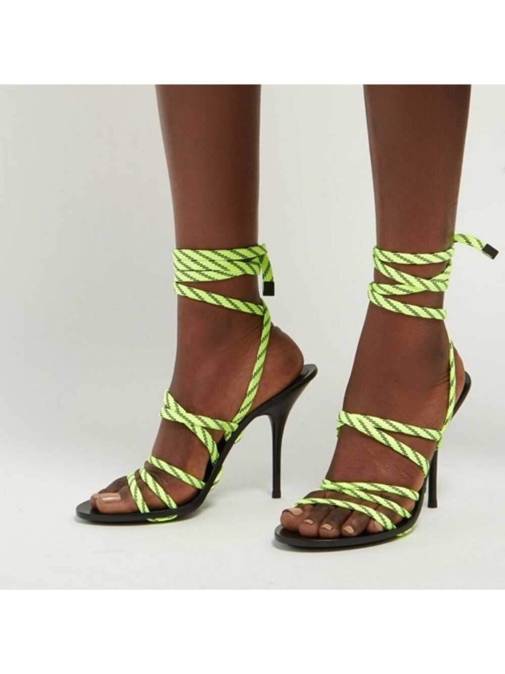 Balenciaga Black Neon Green Rope Lace Heels Sandals, Size 8.5 | 39